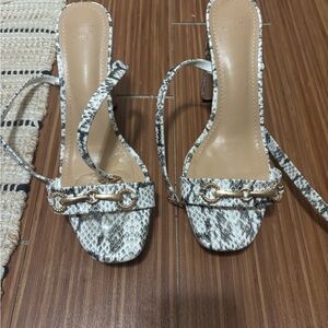 JustFab Snakeskin Heeled Sandals with Gold Accents